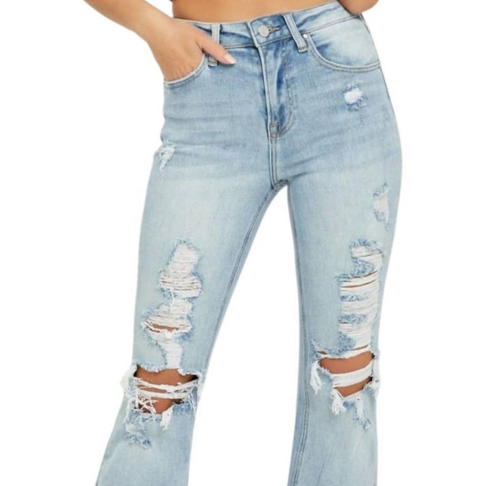 Women's High Rise Distressed Light Wash Flare Jeans RISEN 15/32 Stretchy
